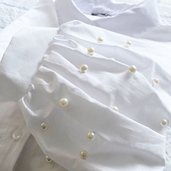 Zara Basic Editions Pearl Balloon Sleeve White Button Down Top Size XS - Picture 5 of 7